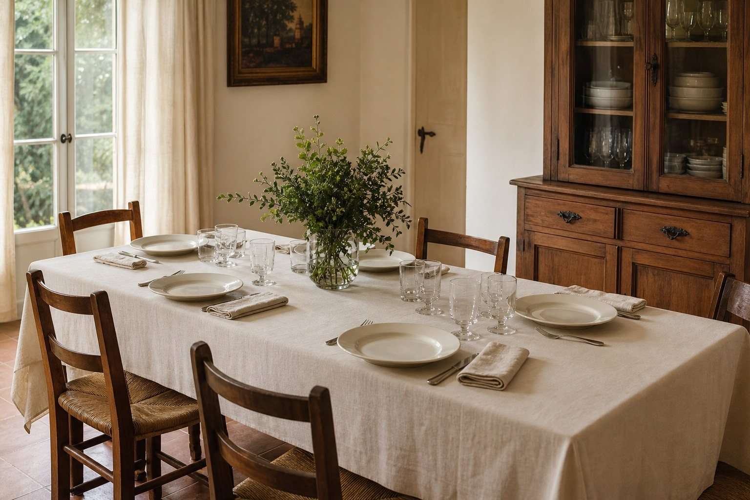 Mesa clásica preparada para una comida con mantel marfil y vajilla blanca sencilla
