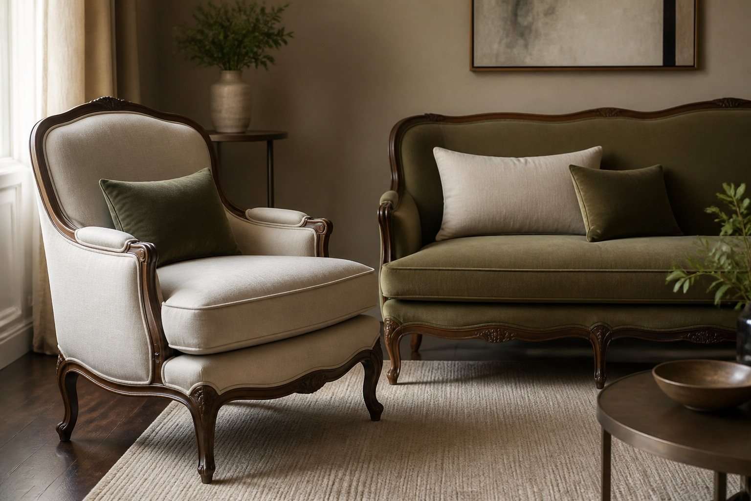 Muebles clásicos retapizados en lino avena y verde oliva junto a una alfombra neutra
