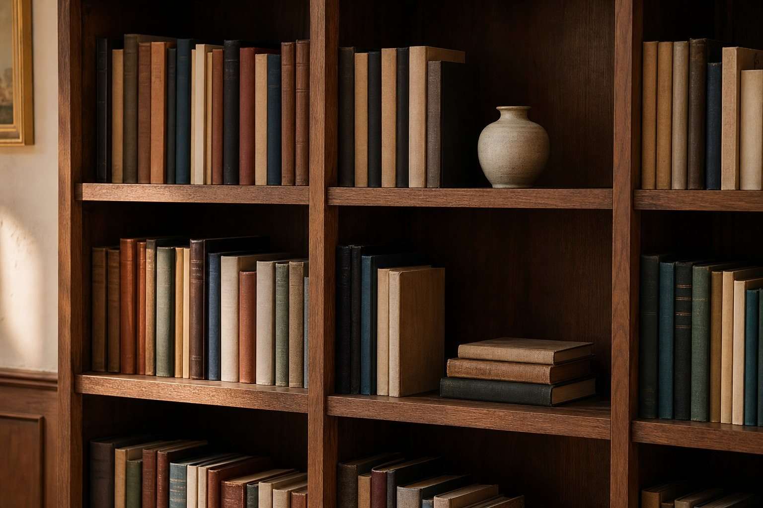 Estantes de una librería clásica con libros agrupados, cerámica y espacios vacíos