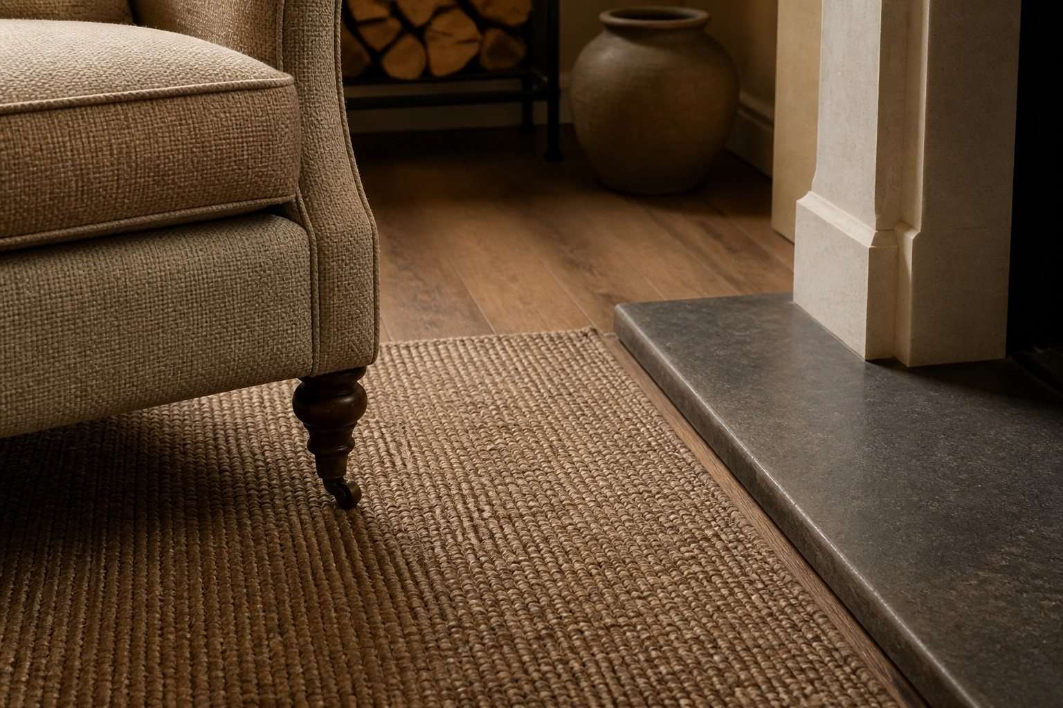 Detalle de una alfombra ignífuga y las patas de un sillón junto al hogar de la chimenea